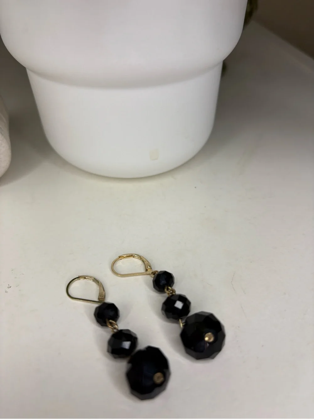 Vintage Black Faceted Bead Drop Earrings Gold Tone Leverback Triple Tier